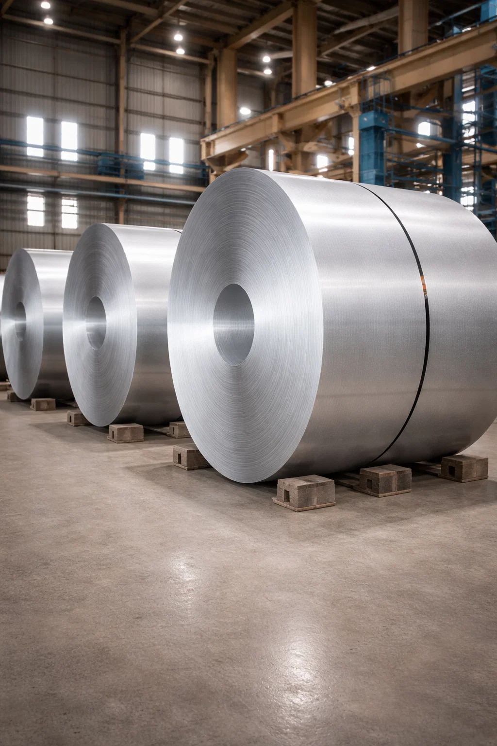 Galvanized steel coils stored in industrial facility