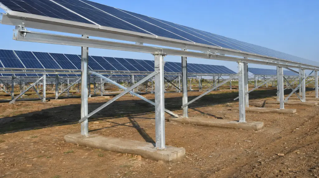 Ground mounted solar structure with galvanized steel posts, rafters and purlins