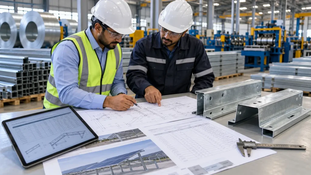 Indian engineers reviewing solar mounting structure fabrication drawings and a bill of materials beside galvanized steel purlin samples.