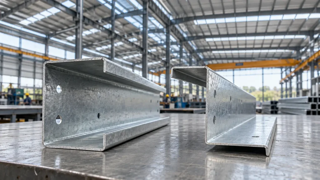 Galvanized C purlin and Z purlin steel profiles shown side by side for industrial roofing applications.