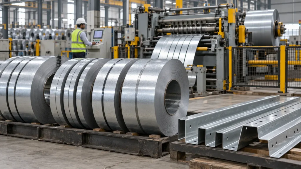 Galvanized steel slit coils with C and HAT purlin profiles used in solar mounting structure manufacturing.
