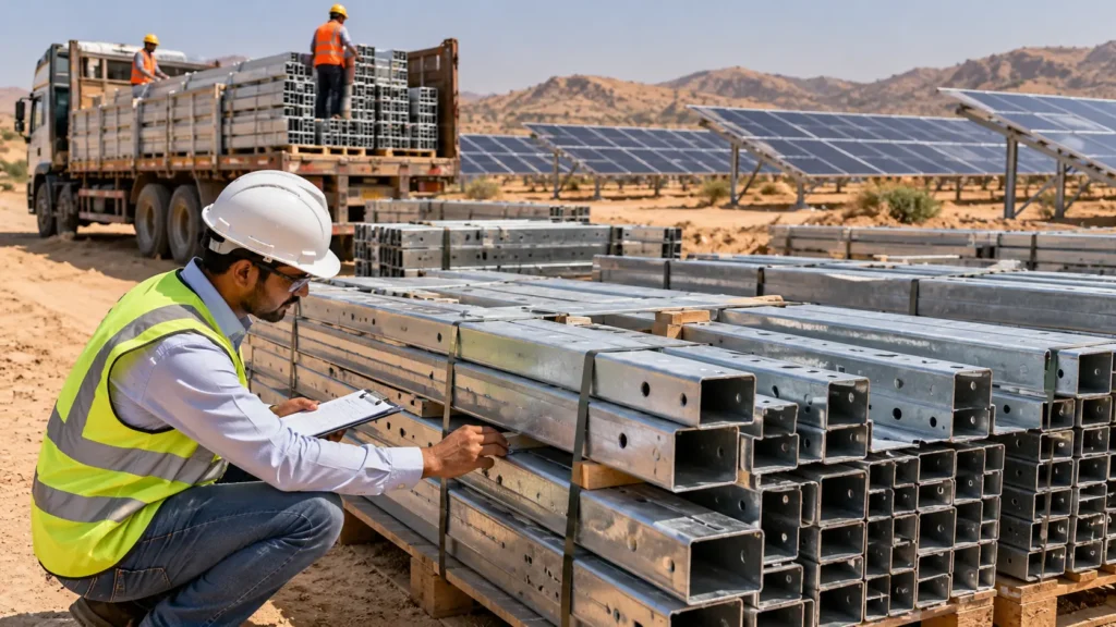 Galvanized steel solar mounting structure components at a Rajasthan solar project site with a transport truck and solar panels.