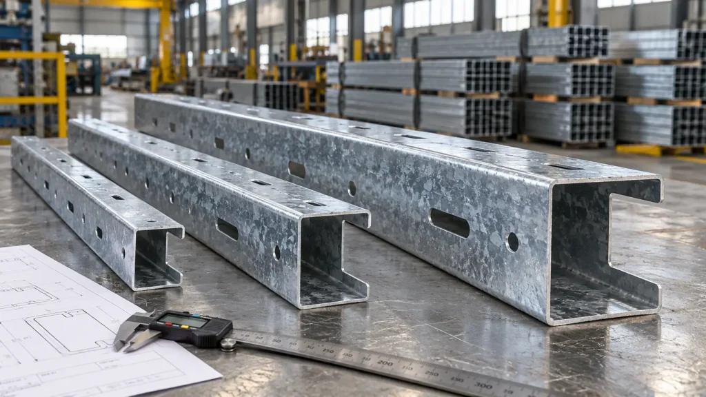 Galvanized C purlins with visible lips and punched holes beside a solar mounting structure drawing