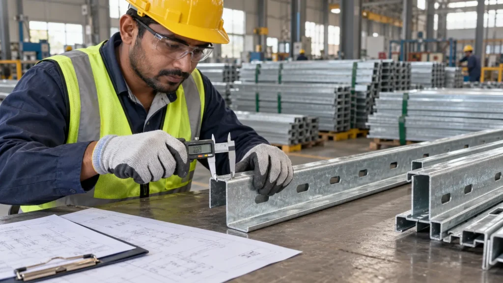 Quality inspector measuring a galvanized solar mounting structure profile before dispatch